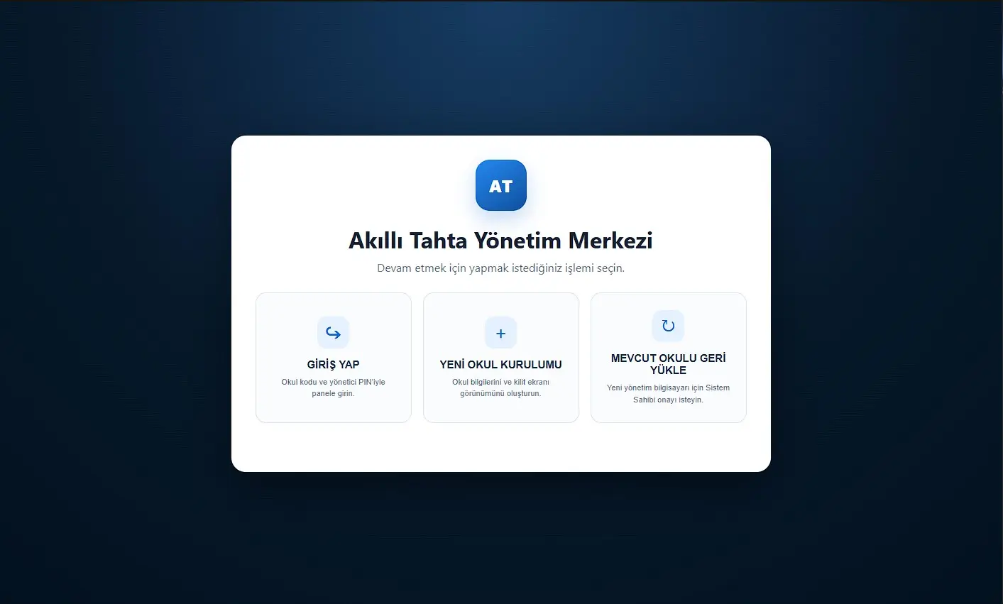 Yeni Okul Kurulumu seçeneğinin bulunduğu Yönetim Merkezi başlangıç ekranı