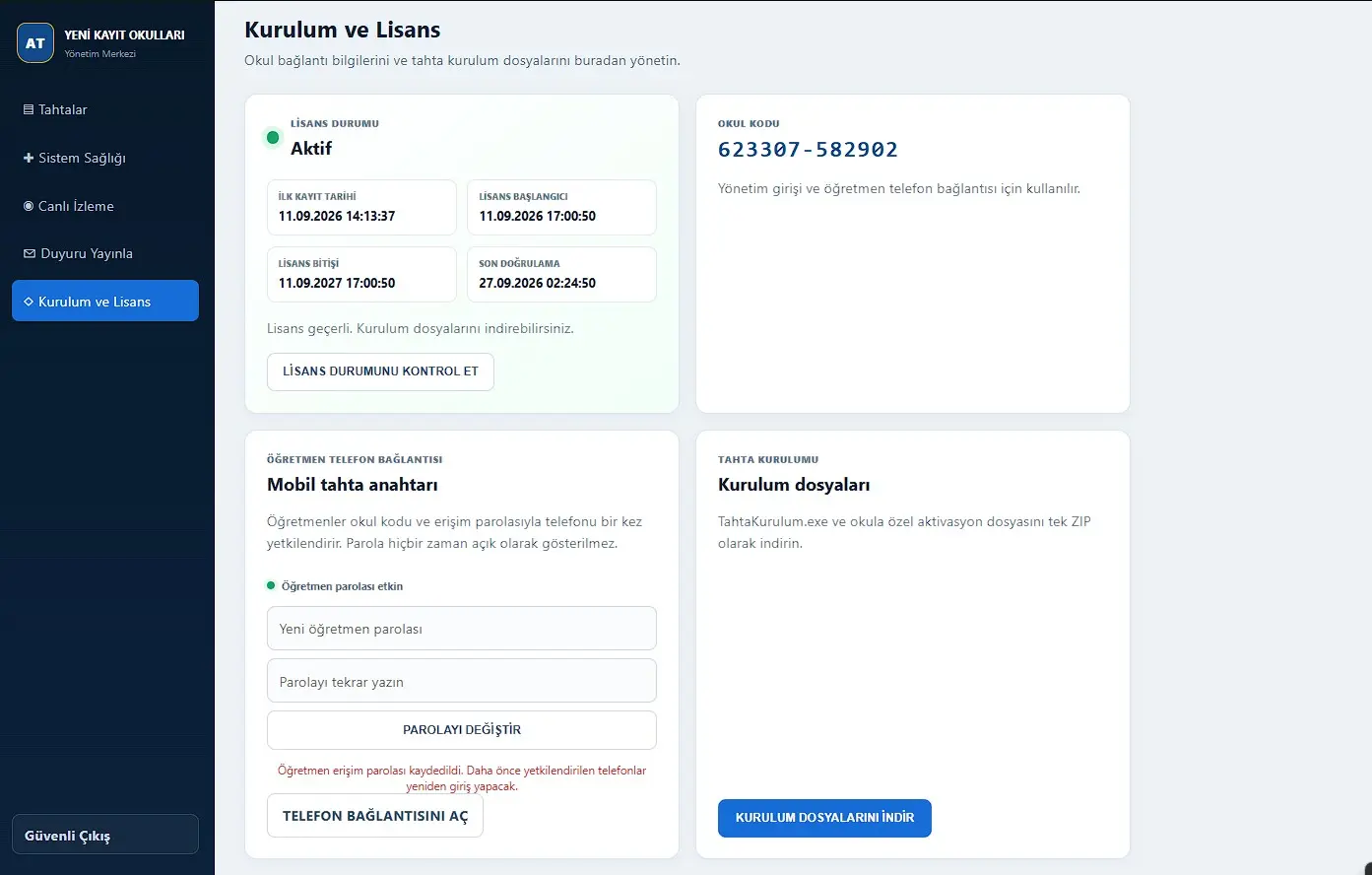 Öğretmen erişim parolası ve Telefon Bağlantısını Aç düğmesinin bulunduğu Mobil Tahta Anahtarı bölümü