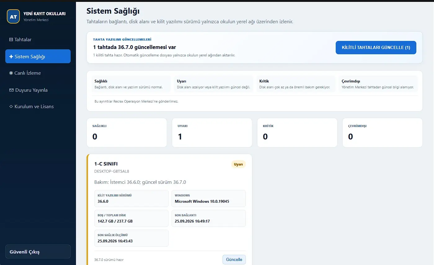 Uzaktan yazılım güncelleme özelliğini gösteren Sistem Sağlığı ekranı